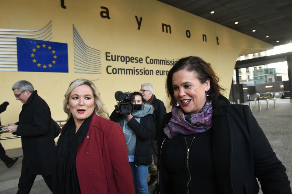 Sinn Fein leader Mary Lou McDonald (right) arrives at the European commission HQ for talks with Michel Barnier (Getty)