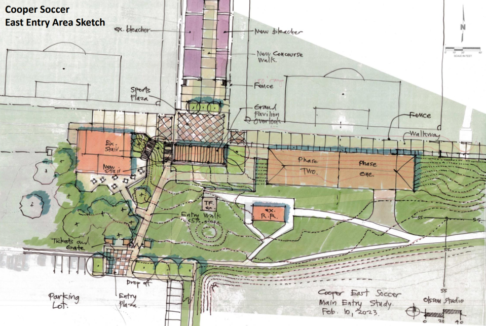 Schematic design plans for the improvements to Cooper Park Soccer Complex east entrance. If authorized by City Council, the total project will cost $27 million with a large part coming from the American Rescue Plan Act funds.