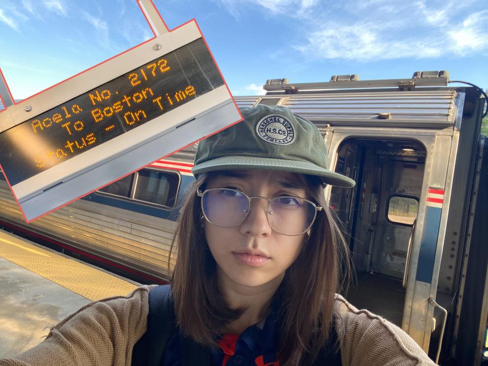 The author in front of a train with another image of a train announcement on the left