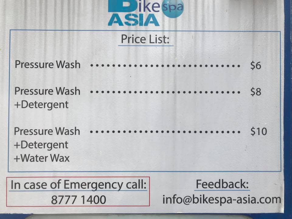 Price list for Bike Spa Singapore (Photo: Bike Spa Singapore | Facebook)