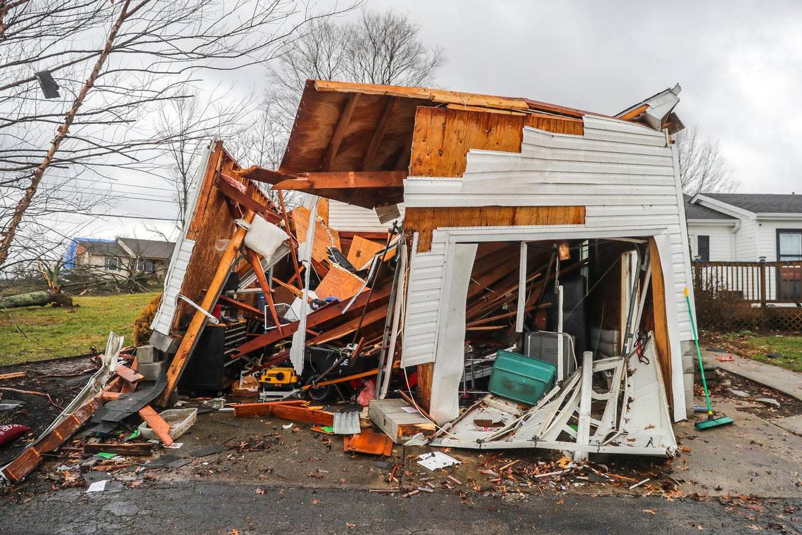 A preliminary EF-1 tornado damaged Heather Long’s home on Cornishville Road near Harrodsburg, Ky., on Thursday, Jan. 12, 2023. No one was home at the time, and there were no injuries, Long said.