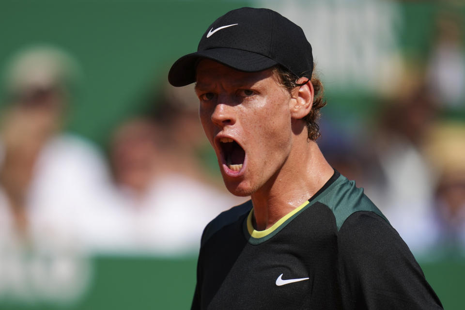 Jannik Sinner, of Italy, reacts during the Monte Carlo Tennis Masters semifinal match with Stefanos Tsitsipas, of Greece in Monaco, Saturday, April 13, 2024. (AP Photo/Daniel Cole)