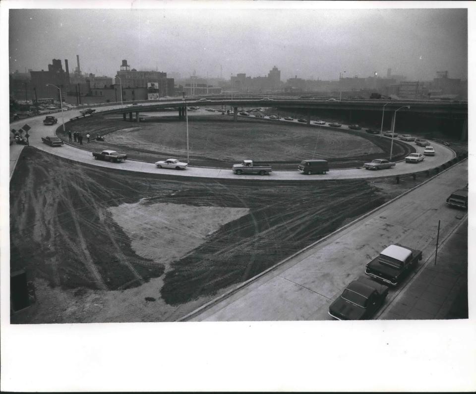 Cars get on the East-West Freeway via the new ramps at N. Seventh and Eighth streets at the still-under-construction Central Interchange in 1966.