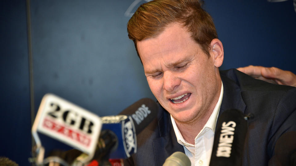 Steve Smith, pictured here breaking down in tears when he arrived back in Australia.