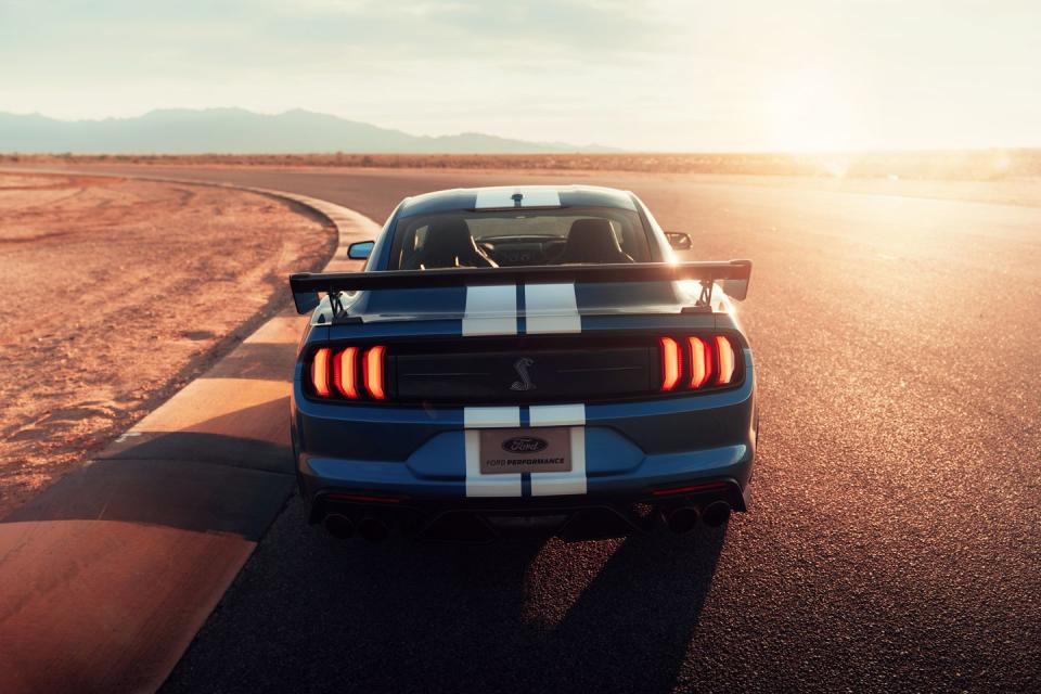 <p>This is a track-ready machine based on the one-rung-lower Shelby GT350 (can't you tell? It's on a track!), albeit with a supercharged 5.2-liter V-8, a seven-speed dual-clutch automatic transmission, and more rear wing.</p>