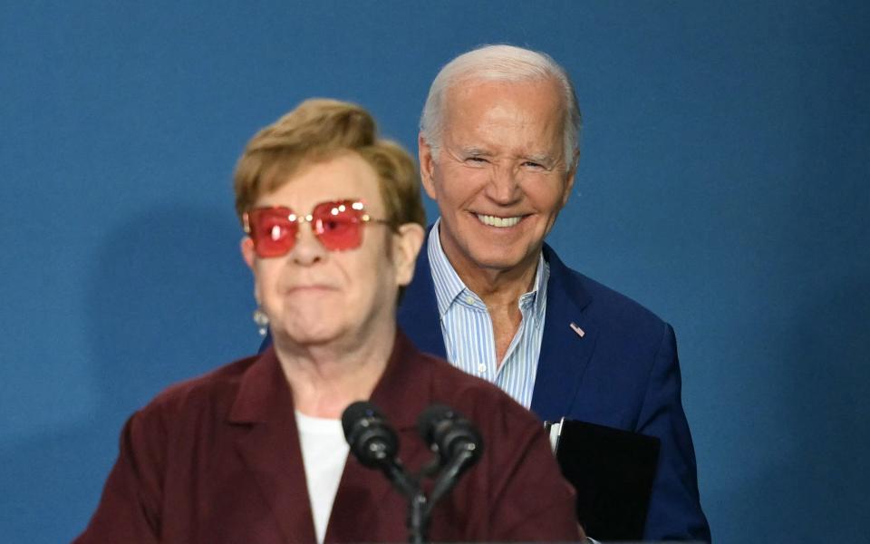 Elton John lends his support to the Biden campaign at the the Stonewall monument on Friday