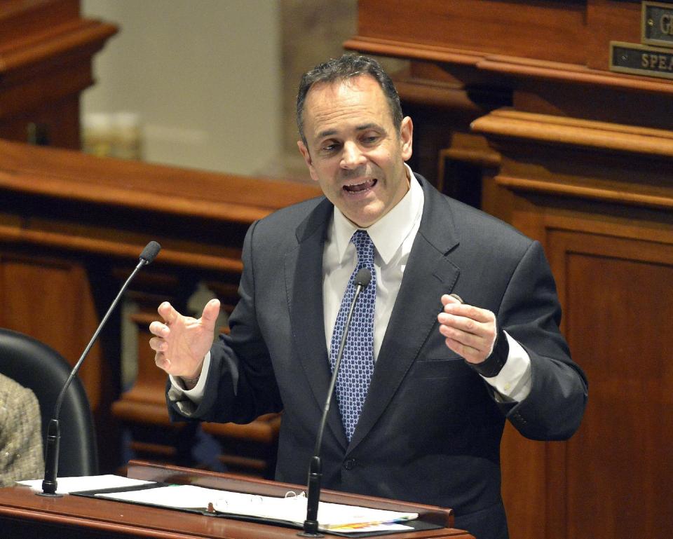 FILE - In this Jan. 26, 2016, file photo, Republican Gov. Matt Bevin delivers his budget before a joint legislative session in the House Chambers at the Kentucky State Capitol in Frankfort, Ky. Moving on a campaign promise, President Donald Trump said Thursday, Feb. 2, 2017, he will work for the repeal of the Johnson Amendment to free religious organizations from constraints on political activity. (AP Photo/Timothy D. Easley, File)