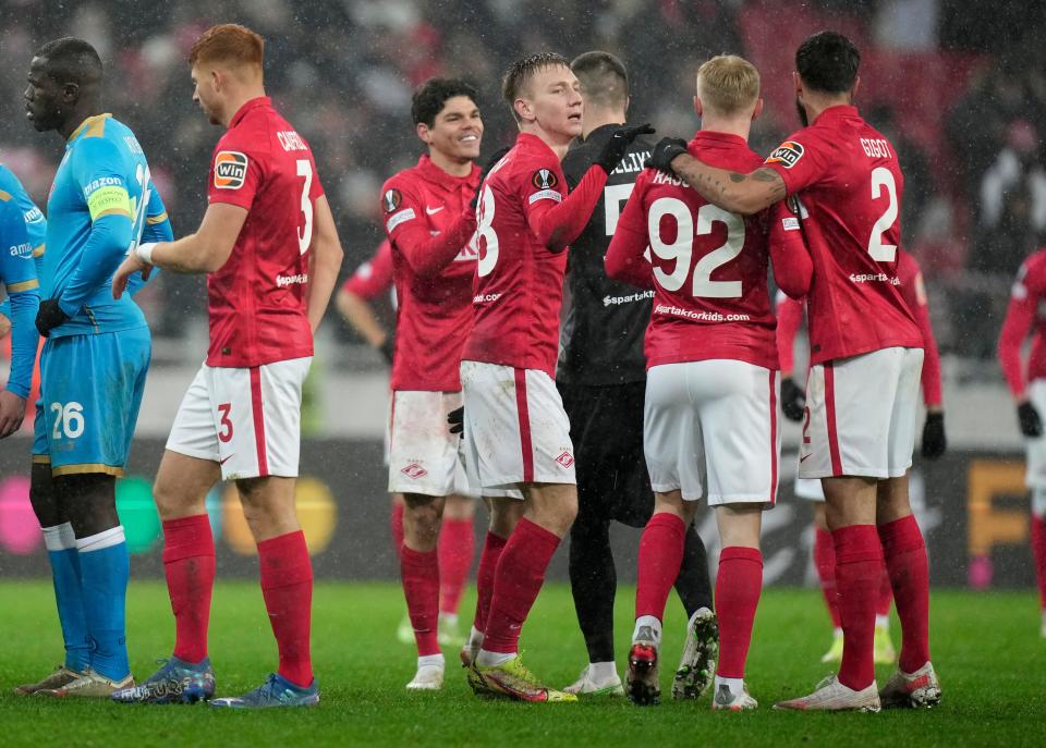 Spartak's players celebrate their 2-1 victory in the group C, Europa League soccer match in November. UEFA banned Spartak Moscow from the second-tier Europa League.