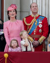 <p>The Duchess appeared with her entire family at the 2017 Trooping of the Colour ceremony. Celebrating the Queen’s 91st birthday, Kate chose a summery pink dress by Alexander McQueen. The long-sleeved design had been customised from a sleeveless version and featured ruched detailing at the waist. Requiring a matching hat for any formal occasion, she chose a sculptural style by Jane Taylor.</p><p><i>[Photo: PA]</i></p>