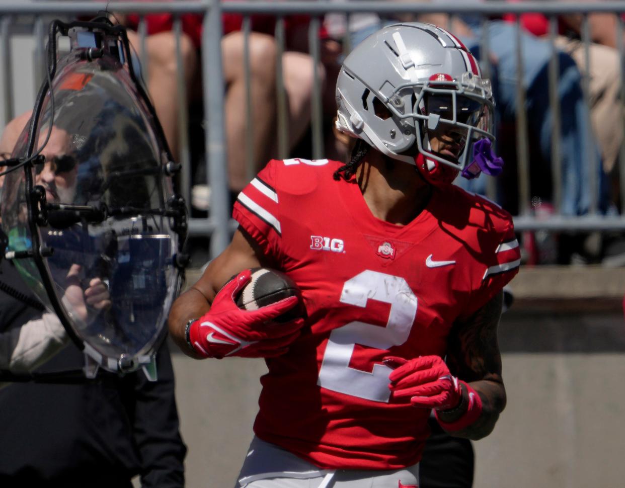 April 13, 2024; Columbus, Ohio, USA; 
Ohio State Buckeyes wide receiver Emeka Egbuka (2) competes during the first half of the LifeSports spring football game at Ohio Stadium on Saturday.