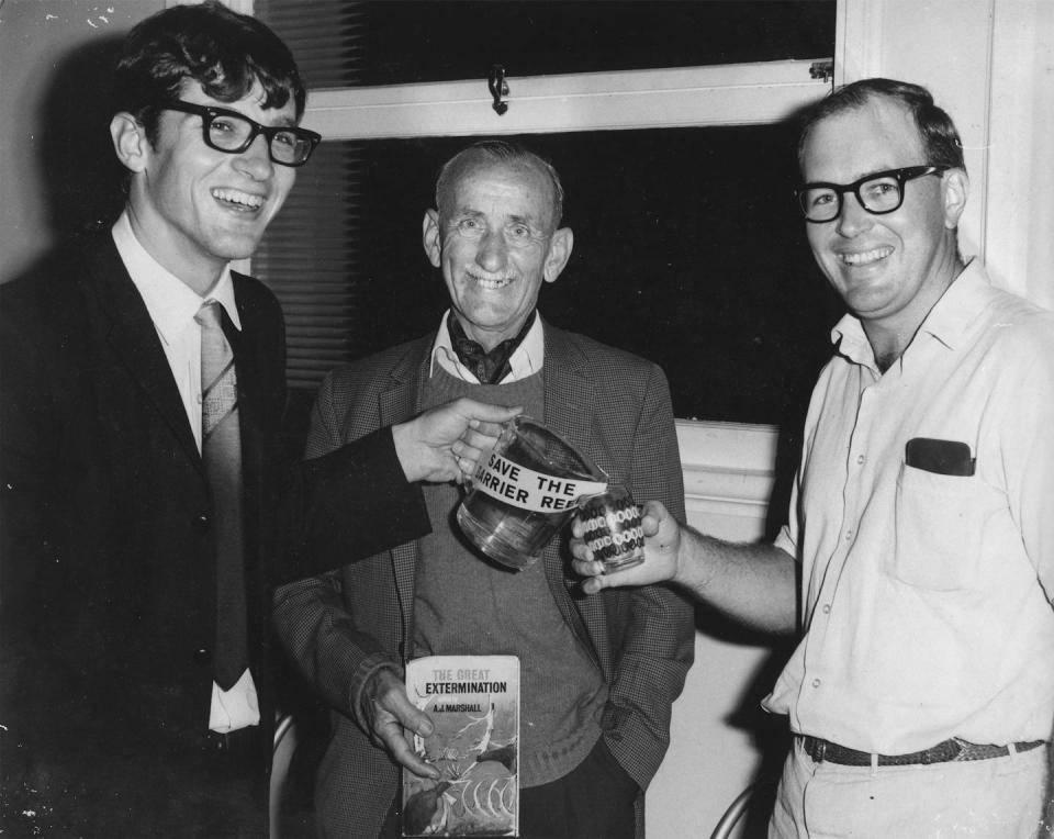 John Busst (centre) with young scientists Eddie Hegerl and Gus McQueen. Virginia Edlington Collection, Friends of Ninney Rise, Bingil Bay.