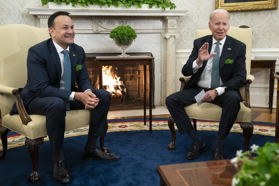 President Joe Biden meets with Ireland's Taoiseach Leo Varadkar in the Oval Office of the White House, Friday, March 17, 2023, in Washington. (AP Photo/Evan Vucci)