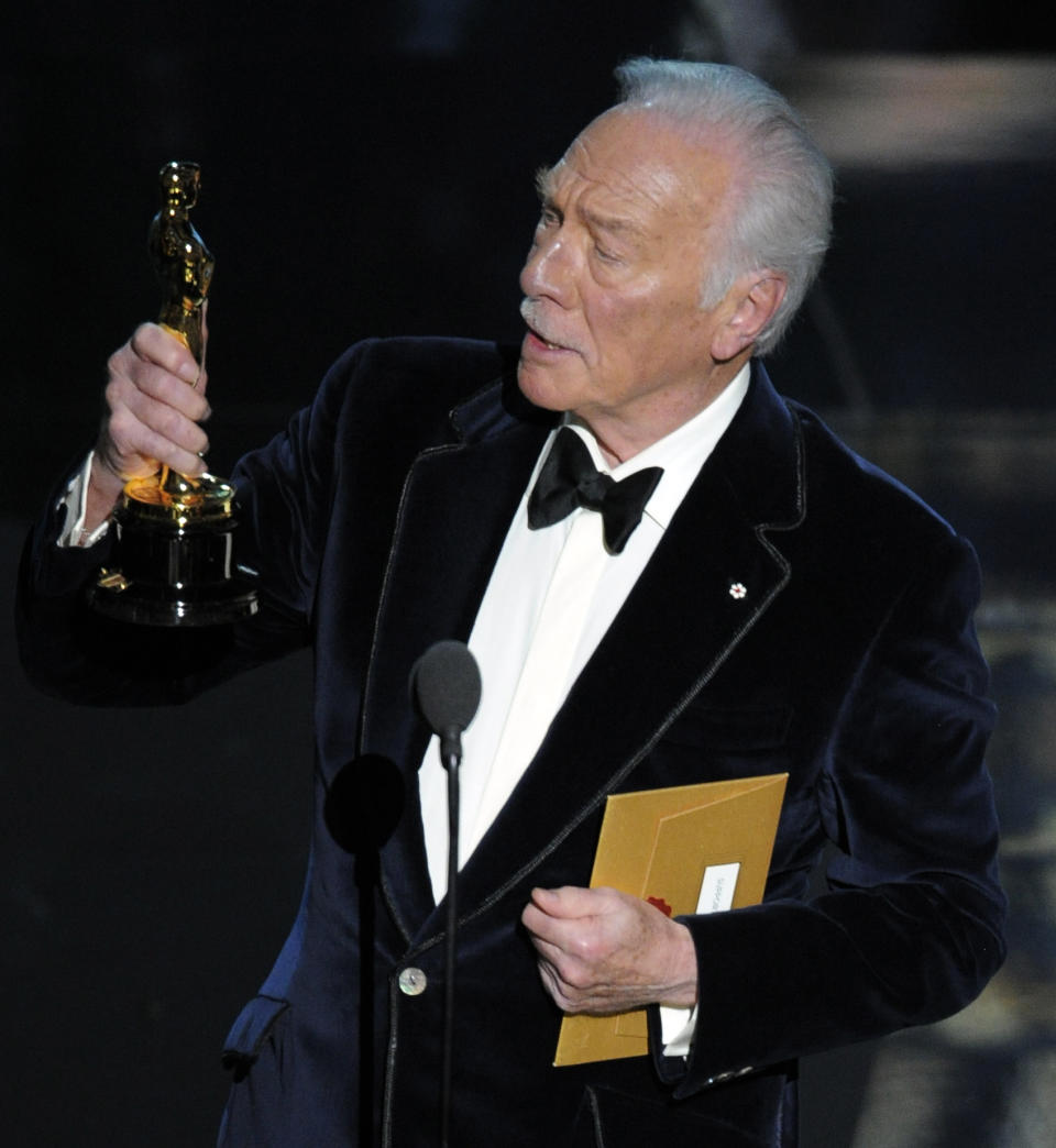 Christopher Plummer accepts the Oscar for best actor in a supporting role for “Beginners” during the 84th Academy Awards on Sunday, Feb. 26, 2012, in the Hollywood section of Los Angeles. (AP Photo/Mark J. Terrill)