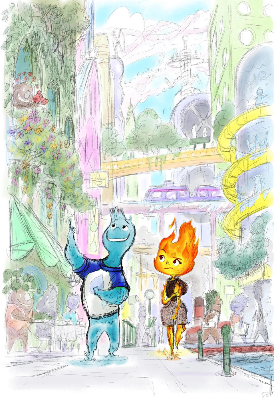 In a city where fire-, water-, land- and air-residents live together, a fiery young woman and a go-with-the-flow guy are about to discover something elemental: How much they actually have in common. Directed by Peter Sohn and produced by Denise Ream, Disney and Pixar's Elemental releases June 16, 2023. (Concept art by Sohn, Disney/Pixar)