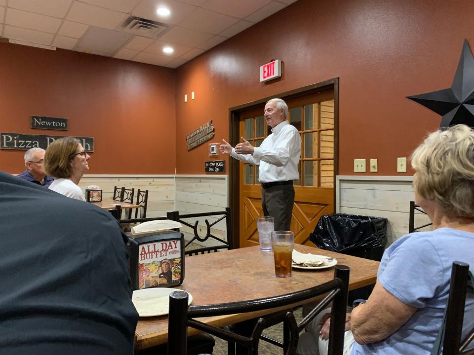 On his campaign trail, Republican presidential candidate and former Arkansas Governor Asa Hutchinson makes his first visit to Iowa caucus staple, Pizza Ranch, in Newton, Iowa on July 11, 2023.