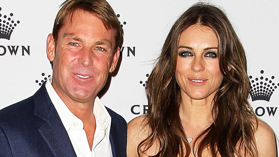 Shane Warne and Elizabeth Hurley, pictured here at Crown's IMG Tennis Player's Party in 2013.