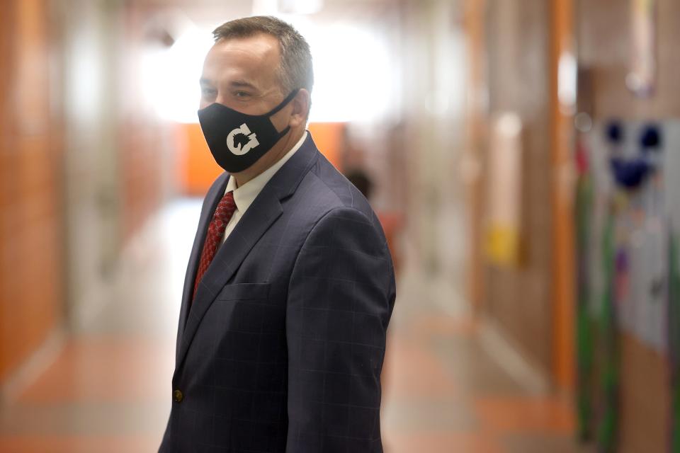 Germantown Superintendent Jason Manuel leads a tour during a visit by Tennessee Education Commissioner Penny Schwinn at Forest Hill Elementary School on Wednesday, Sept 2, 2020. 