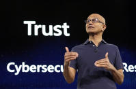 Microsoft CEO Satya Nadella delivers the keynote address at Build, the company's annual conference for software developers, Monday, May 6, 2019, in Seattle. (AP Photo/Elaine Thompson)