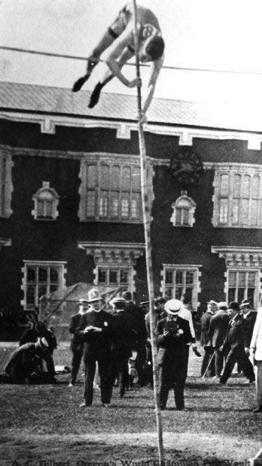 A.C. Gilbert competing in the 1908 Olympics in London on his way to a share of the gold medal.