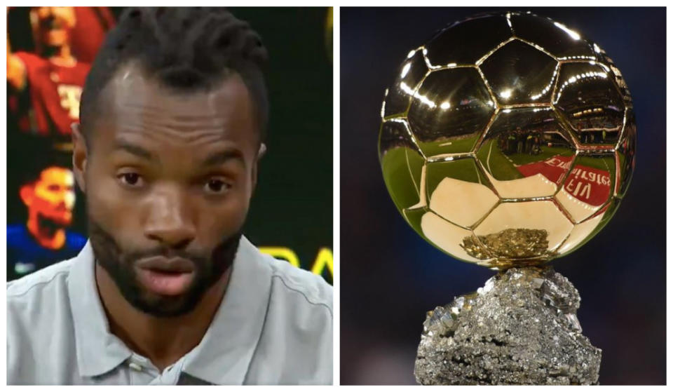 Javi Balboa pisa fuera de la campaña madridista por el Balón de Oro. (Fuentes: Twitter/@elchiringuitotv y Denis Doyle/Getty Images)