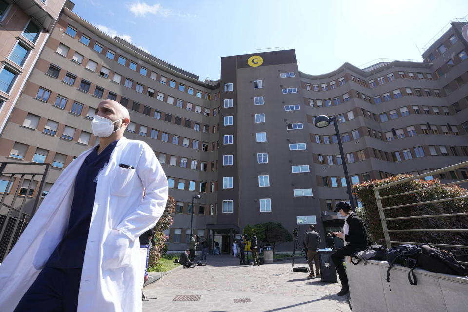 A view of the San Raffaele hospital, in Milan, Italy, Wednesday, April 5, 2023. Ex-Premier Silvio Berlusconi was hospitalized Wednesday with apparent respiratory problems, Italian media reported. The 86-year-old three-time premier was in intensive care at Milan's San Raffaele hospital, the clinic where he routinely receives care, LaPresse news agency, Sky TG24 and Corriere della Sera reported, without citing sources.(AP Photo/Luca Bruno)