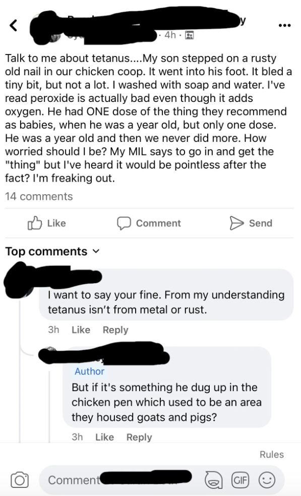 A person's Facebook post about their son stepping on a rusty nail in a chicken coop and concerns about tetanus, with comments discussing the situation