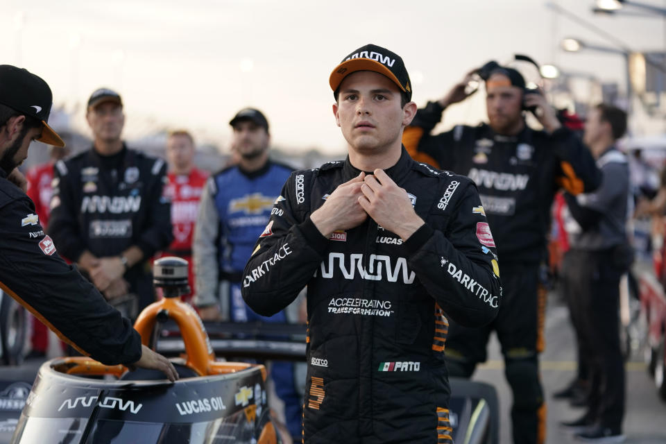 Pato O'Ward (5) before the start an IndyCar auto race at World Wide Technology Raceway on Saturday, Aug. 21, 2021, in Madison, Ill. (AP Photo/Jeff Roberson)