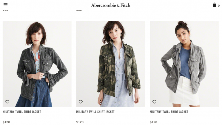 A look at Abercrombie’s website shows clothes no longer stamped with the famous Abercrombie moose logo. Instead, there are overpriced items, like these military jackets, that offer nothing to customers that they can’t find elsewhere — for less money. (Photos: Abercrombie.com)