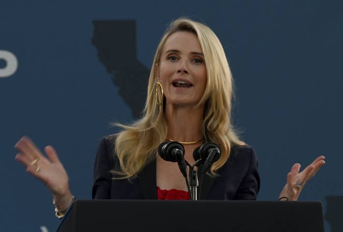 Jennifer Siebel Newson speaks at Long Beach City College on the final day of campaigning against the recall of her husband, Gov. Gavin Newsom, in Long Beach on Monday, Sept. 13, 2021.