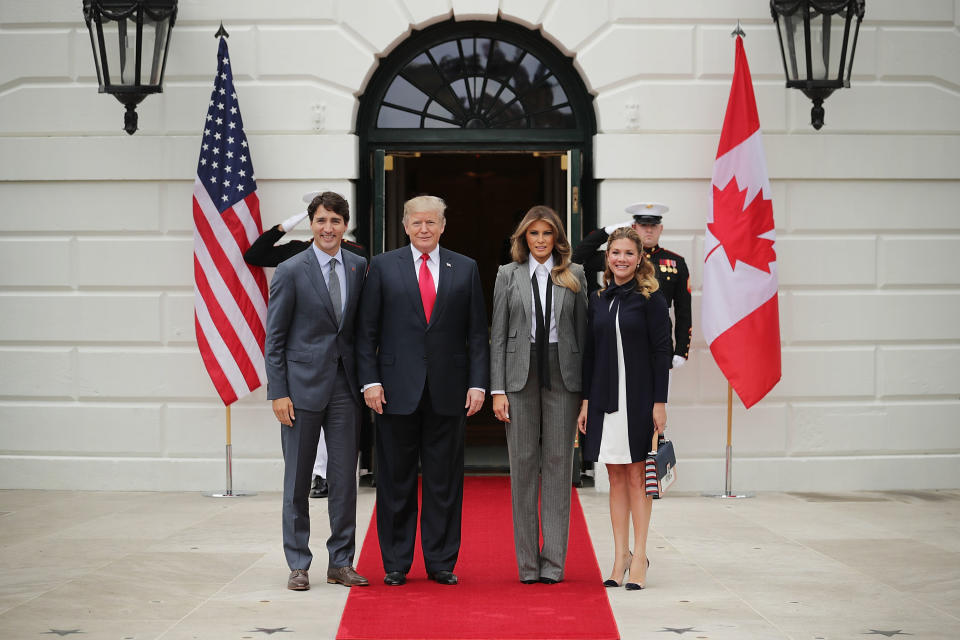 From left to right: Canadian Prime Minister Justin Trudeau, U.S. President Donald Trump, First Lady Melania Trump and Sophie Grégoire Trudeau pose at the White House in Washington, D.C. (Photo by Chip Somodevilla/Getty Images)