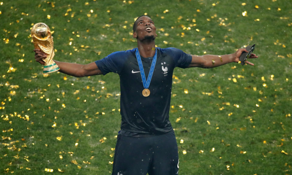 Paul Pogba celebrates after&nbsp;France defeated Croatia 4-2 in the World Cup final in Moscow on Sunday. (Photo: Christian Hartmann / Reuters)