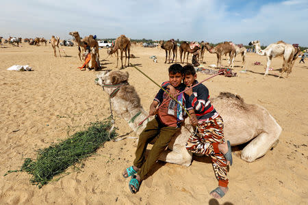 Sayed Mohamed (L), 11-year-old jockey, waits with his friend Mahmoud Mahmed, a 13-year-old jockey, for the opening of the 18th International Camel Racing festival at the Sarabium desert in Ismailia, Egypt, March 12, 2019. Picture taken March 12, 2019. REUTERS/Amr Abdallah Dalsh