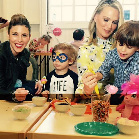 Jamie Lynn Sigler, with her son, Beau, and Molly Sims and her son, Brooks, at a celebration for “Popples” Season 2 on Netflix: “Children of the 80’s, who remember Popples?? They are on @netflix Now. So fun today at the@popplespix party and love knowing they are helping to benefit the wonderful@baby2baby @mollybsims you are the MOST stunning mama. #popples #netflix” -@jamielynnsigler