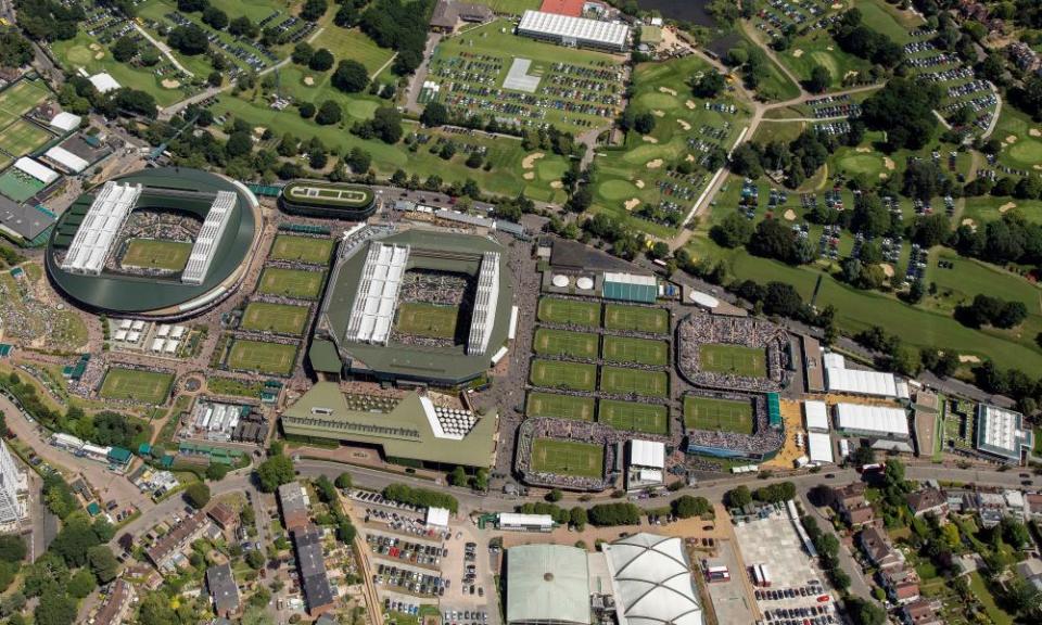 An aerial view of the All England Lawn Tennis Club, London.