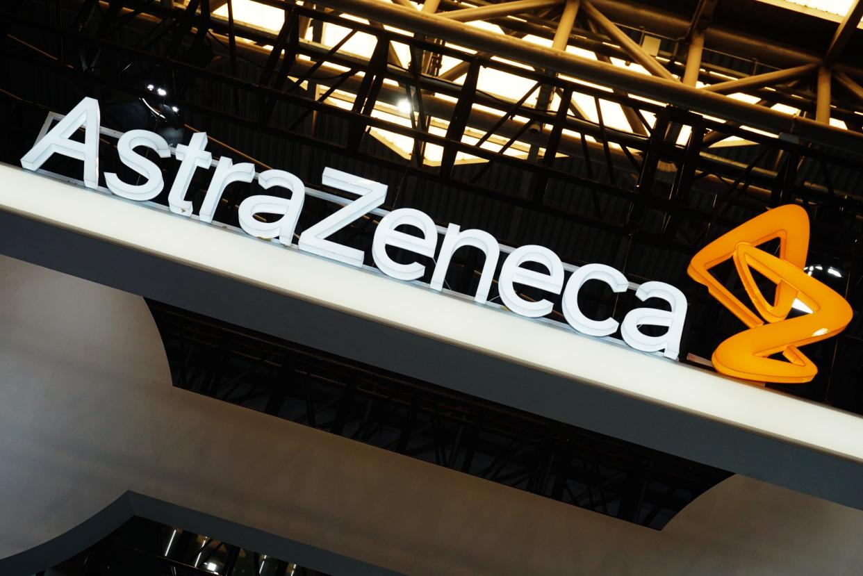 SHANGHAI, CHINA - JULY 7, 2021 - The Astrazeneca logo is pictured at the World Artificial Intelligence Conference 2021 in Shanghai, China, July 7, 2021. On January 29, 2022, Astrazeneca notified the outside world that employees were suspected of falsifying genetic test results of cancer patients to defraud medicare funds. (Photo credit should read Costfoto/Future Publishing via Getty Images)