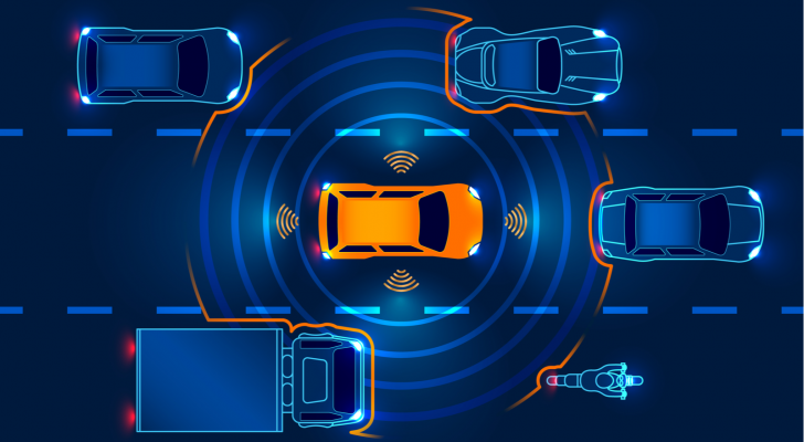 An image of an autonomous smart car driving, sensing other vehicles in the road