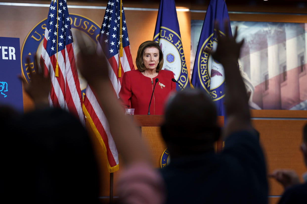 Speaker of the House Nancy Pelosi meets with reporters to discuss President Joe Biden's domestic agenda including passing a bipartisan infrastructure bill and pushing through a Democrats-only expansion of the social safety net, the at the Capitol in Washington, on Sept. 8, 2021.