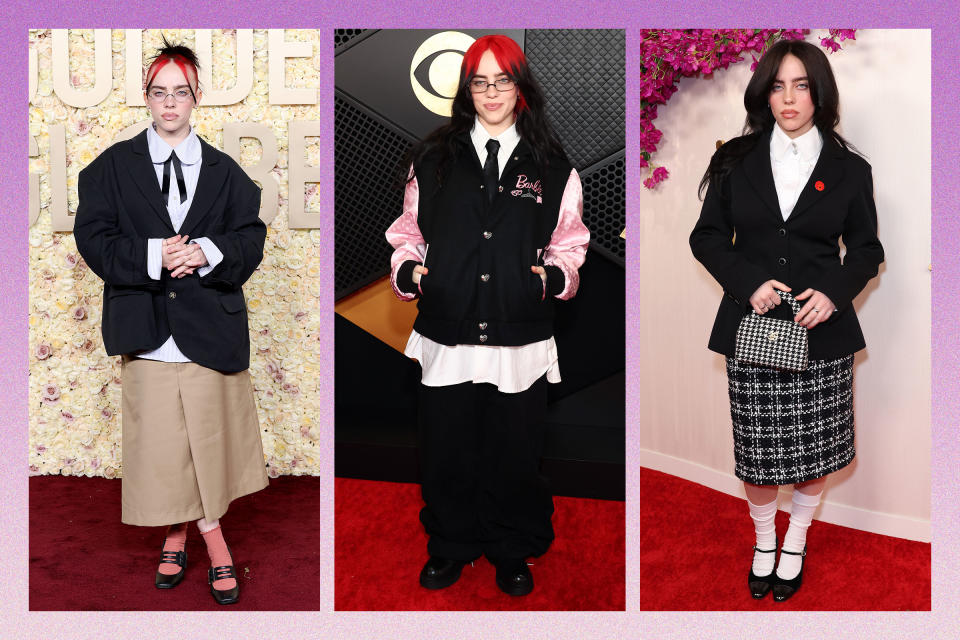 Billie Eilish at the Golden Globe Awards, the Grammy Awards, and the Oscars<span class="copyright">Monica Schipper—GA/The Hollywood Reporter/Getty Images; Matt Winkelmeyer—The Recording Academy/Getty Images; JC Olivera—Getty Images</span>