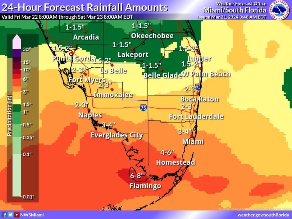 Estimated rainfall over 24 hours for South Florida as system moves across the state March 22, 2024.