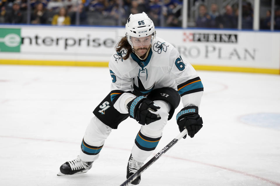 FILE - In this Tuesday, Jan. 7, 2020, file photo, San Jose Sharks' Erik Karlsson, of Sweden, skates during the second period of an NHL hockey game against the St. Louis Blues in St. Louis. For the teams that missed the 2020 playoffs, they've spent the past 10 months waiting for the compressed 56-game 2021 season. (AP Photo/Jeff Roberson, File)