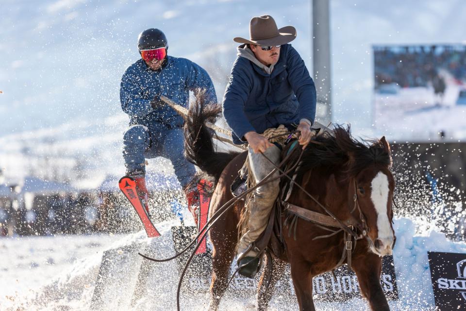 Clayson Hutchings pulls a skier during the 2024 Utah Skijoring competition at the Wasatch County Event Complex in Heber City on Saturday, Feb. 17, 2024. | Marielle Scott, Deseret News