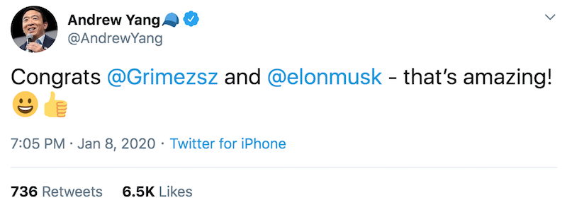 andrew yang grimes baby  Andrew Yang congratulates Grimes and Elon Musk on their baby