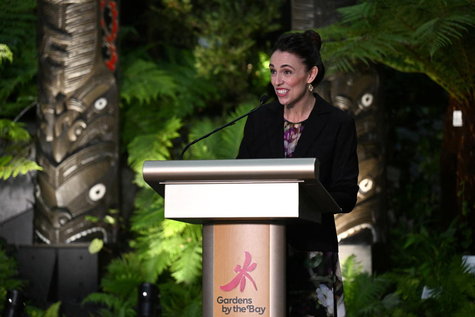 New Zealand's Prime Minister Jacinda Ardern speaks at the unveiling ceremony of a Kuwaha sculpture at Gardens by the Bay's Cloud Forest in Singapore April 19, 2022. REUTERS/Caroline Chia