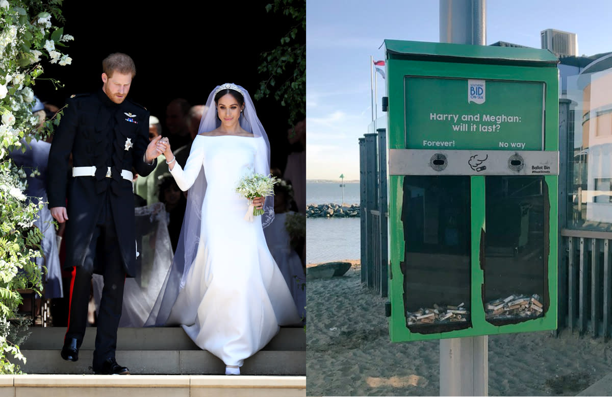 A controversial cigarette bin in the U.K. invites smokers to vote on whether they think the marriage of Prince Harry and Meghan Markle will last. (Photo: Getty Images/Twitter, MeghanMaven)