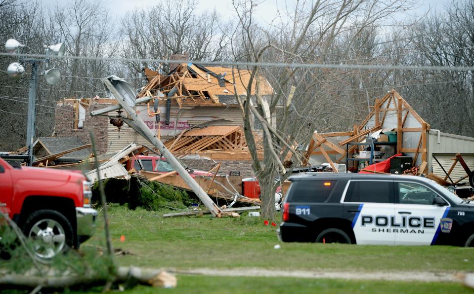 Damage from a tornado in Brittin Place, a subdivision in Sherman, Saturday, April 1, 2023. The tornado struck the town of Sherman Friday evening.