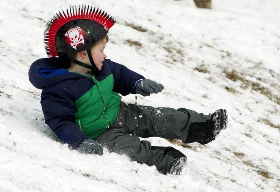 Four-year-old Henry Rodgers of Raleigh, N.C. improvises and uses no sled, just his snow pants, as he hits the slopes at Oakwood Cemetery on Wednesday morning January 29, 2014 in Raleigh, N.C.