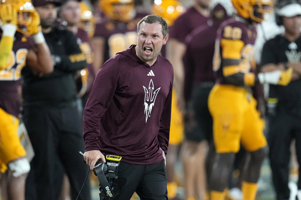 Arizona State head coach Kenny Dillingham shouts at officials during the second half of an NCAA college football game against Colorado, Saturday, Oct. 7, 2023, in Tempe, Ariz. (AP Photo/Ross D. Franklin)