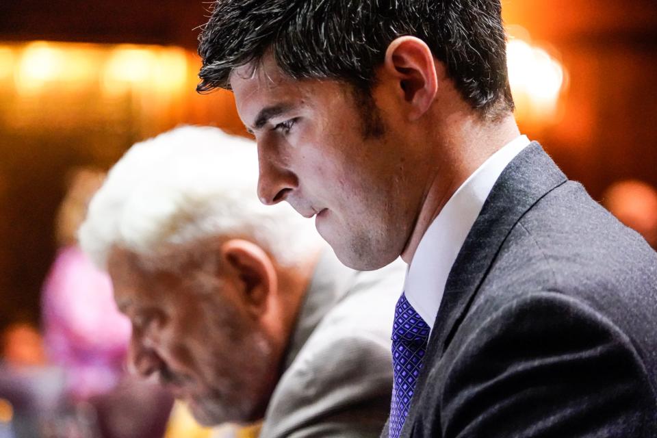 Representative Timothy Wesco, R-District 21, prepares remarks for U.S. Rep. Jackie Walorski (R-2nd District), Zach Potts, 27, and Emma Thomson, 28, all of which were killed in a car crash in Elkhart County, during a a special session in the House of Representatives on Thursday, Aug. 4, 2022, at the Indiana Statehouse in Indianapolis.