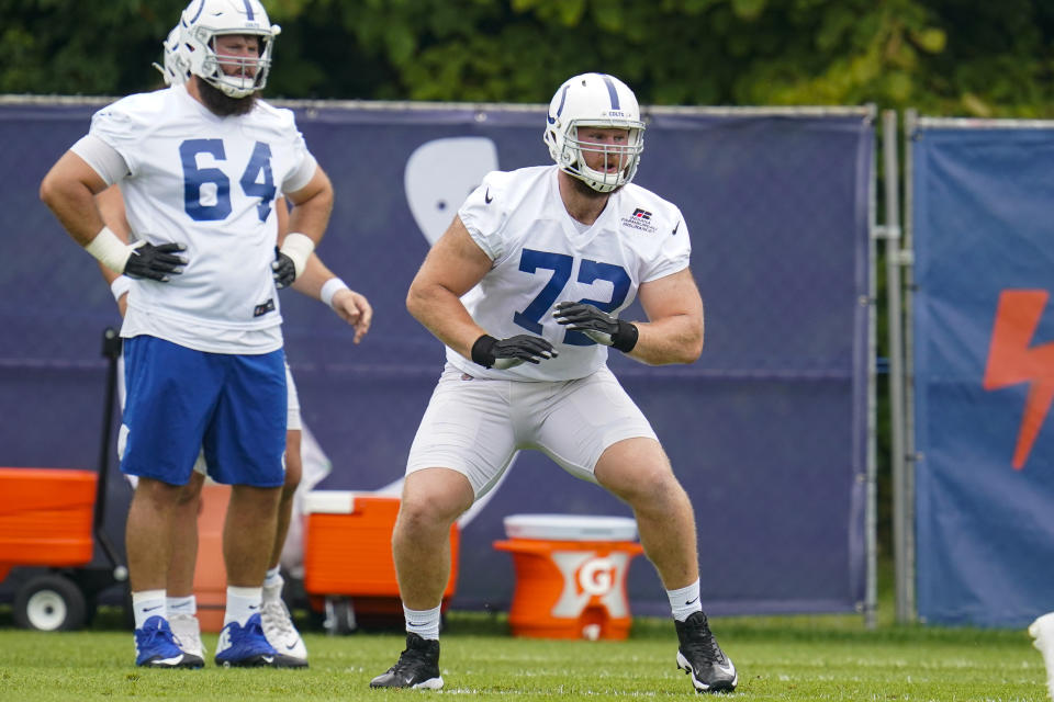 Indianapolis Colts offensive lineman Braden Smith runs a drill during practice at the NFL team's football training camp in Westfield, Ind., Wednesday, July 28, 2021. (AP Photo/Michael Conroy)