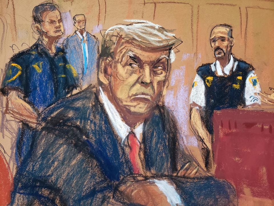 A court sketch of former President Donald Trump at his arraignment in a New York City courtroom on April 4, 2023. He pleaded not guilty to 34 felony counts of falsifying business records in the first degree. / Credit: Jane Rosenberg